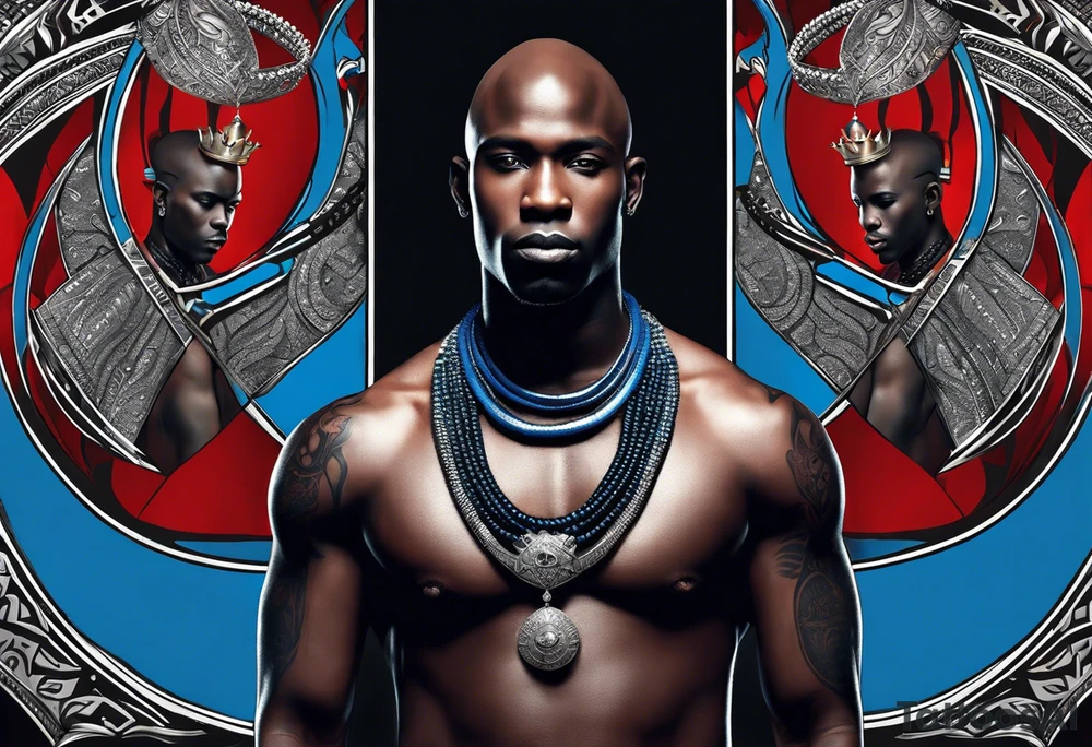 Black-skinned bald african warrior. He wears a simple and small silver crown. He uses two simple necklaces: one blue, other red. tattoo idea