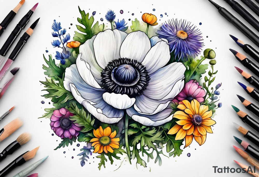 one white anemone with black center in the middle of equal sized mixed colorful wildflowers all with different shapes including thistles, ferns, ranuculus, and sun flowers all in watercolor tattoo idea
