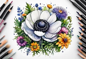 one white anemone with black center in the middle of equal sized mixed colorful wildflowers all with different shapes including thistles, ferns, ranuculus, and sun flowers all in watercolor tattoo idea