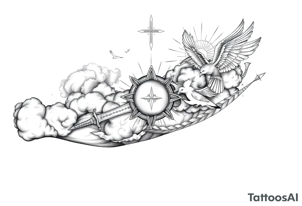 clouds, sword, shield, cross, birds, sun rays tattoo idea clouds, sword, shield, cross, birds, sun rays tattoo idea