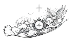 clouds, sword, shield, cross, birds, sun rays tattoo idea