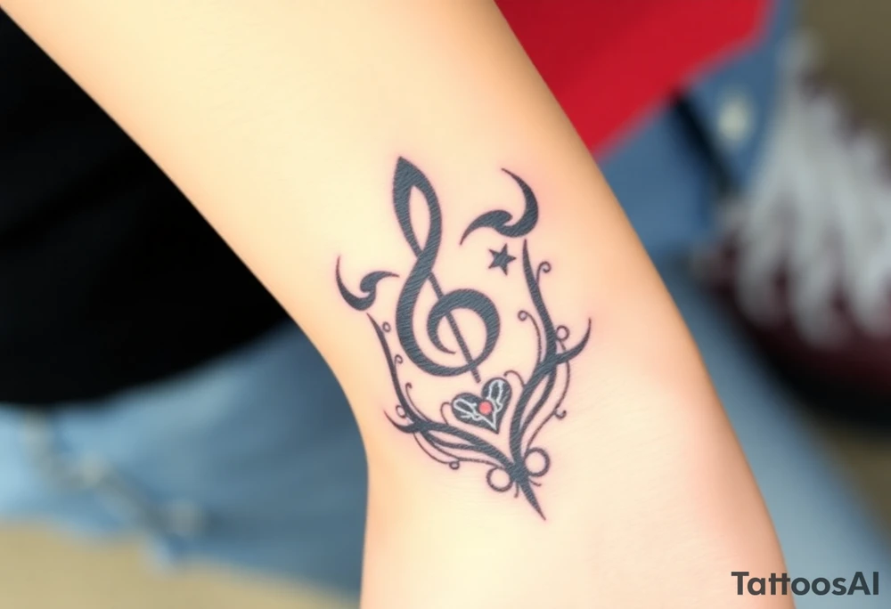 A swirl containing the Treble clef, book, dog paw, star, heart tattoo idea