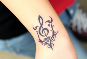 A swirl containing the Treble clef, book, dog paw, star, heart tattoo idea