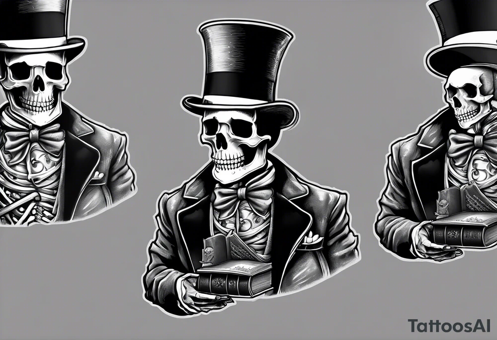 skeleton wearing a top hat holding a bible tattoo idea