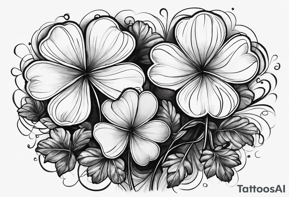 Two impressionist lightly drawn clovers with the name Liam on one stem and Sully on the other stem tattoo idea