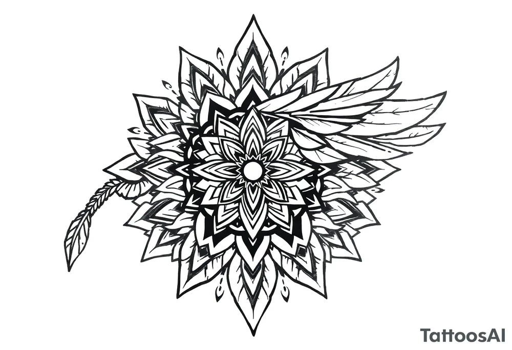 spiritual bold line feather indian mandala shaman tattoo idea