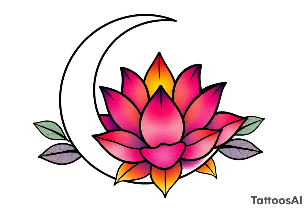 small colorful crescent moon with lotus flower tattoo idea
