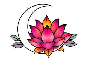 small colorful crescent moon with lotus flower tattoo idea