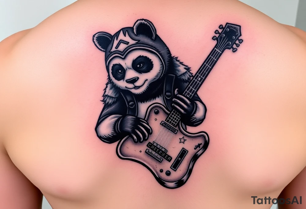 Luchador panda holding a broken bass guitar and the word creeper tattoo idea