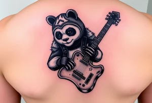 Luchador panda holding a broken bass guitar and the word creeper tattoo idea