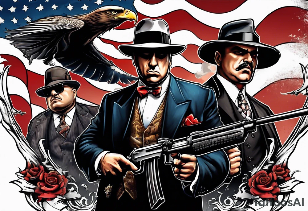capone style gangsters battling with machine guns against a dark flame background with an angry eagle swooping in with american flag and sexy women tattoo idea