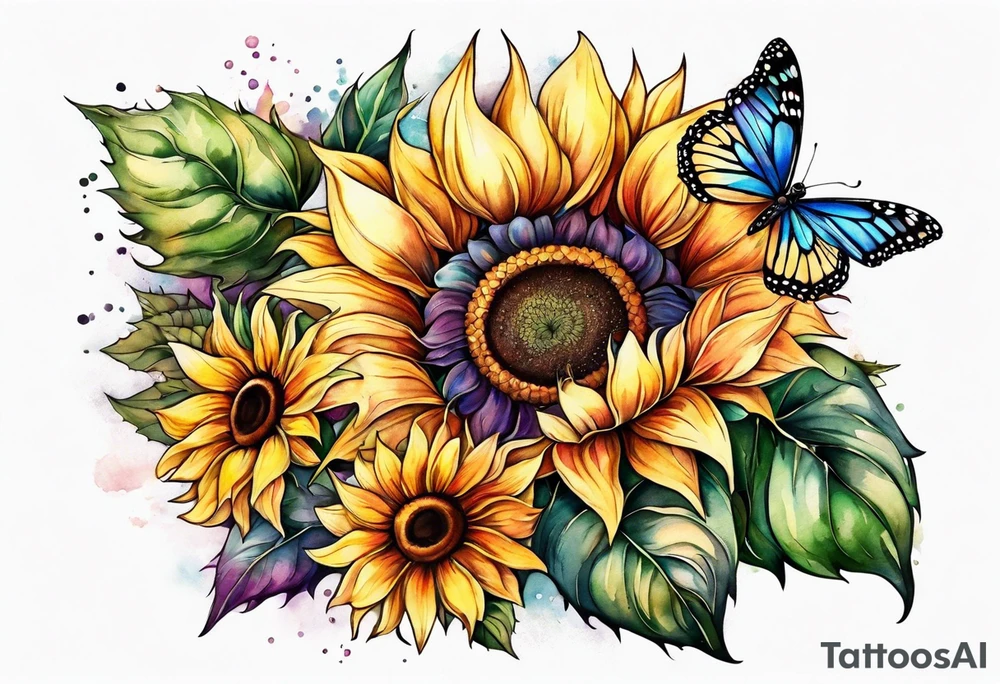 Multi color sunflowers with a butterfly and cross arm sleeve tattoo idea