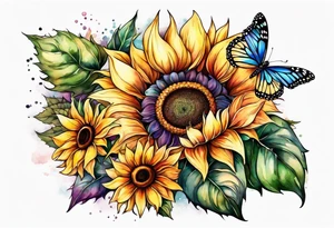Multi color sunflowers with a butterfly and cross arm sleeve tattoo idea