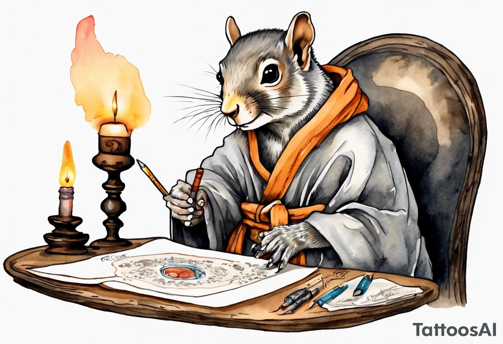 an elderly grey squirrel dressed in a monk robe wearing an eye patch sitting at a desk in the dark holding a quill writing by candlelight tattoo idea