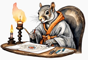 an elderly grey squirrel dressed in a monk robe wearing an eye patch sitting at a desk in the dark holding a quill writing by candlelight tattoo idea