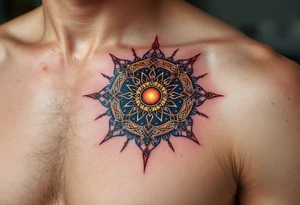 A rich copper-colored Celtic sun with black knots winds in symmetry around the navel. tattoo idea