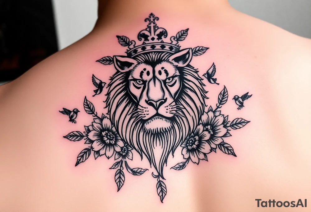 powerful majestic lion with a crown, surrounded by floral ornaments and birds tattoo idea