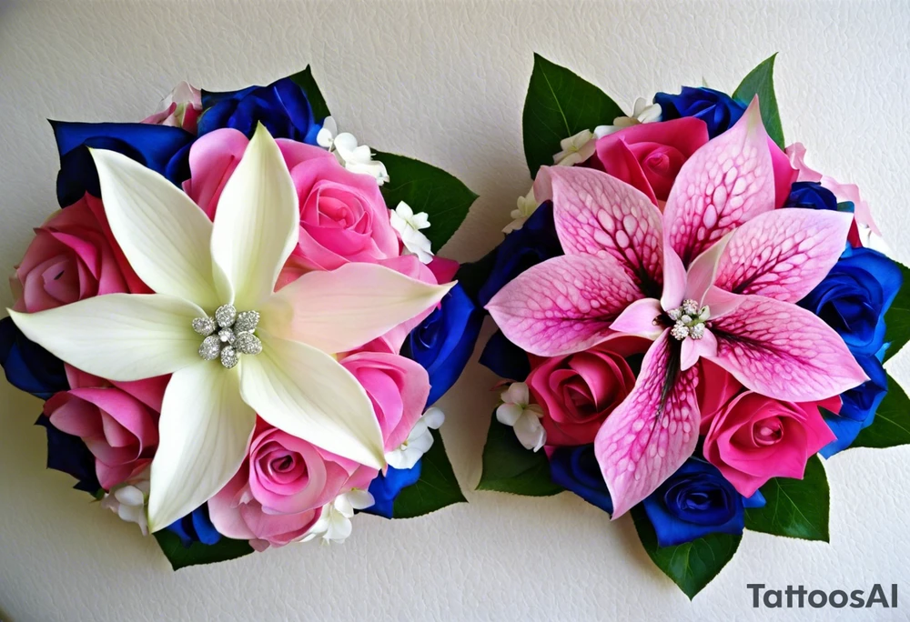 based on my wedding flowers for my wrist:Light pink hydrangea petals, white hydrangea petals, deep blue hydrangea petals, hot pink hydrangea petals, baby pink roses, hot pink roses, light pink stargazer lilies. With some purpley/bluey delphinium petals and tiny white and light pink flowers. With leaves weaving between them all and festoon and fairy lights around the outside, giving the flowers a glow. tattoo idea