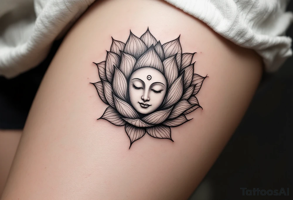 "Sacred Circle of the Lotus" – A delicate lotus flower forming a circular shape, with the petals soft and flowing outward. In the center, a subtle Buddha's face or a small Om symbol to represent inner peace and enlightenment. tattoo idea