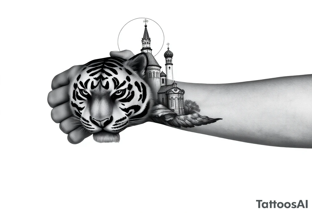 in a dorsal view of the hand and forearm a tiger face on the hand with black hollowed eyes, then above this a orthodox church shrouded with a mist and fading into a virgin mary overlooking tattoo idea