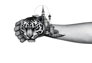 in a dorsal view of the hand and forearm a tiger face on the hand with black hollowed eyes, then above this a orthodox church shrouded with a mist and fading into a virgin mary overlooking tattoo idea