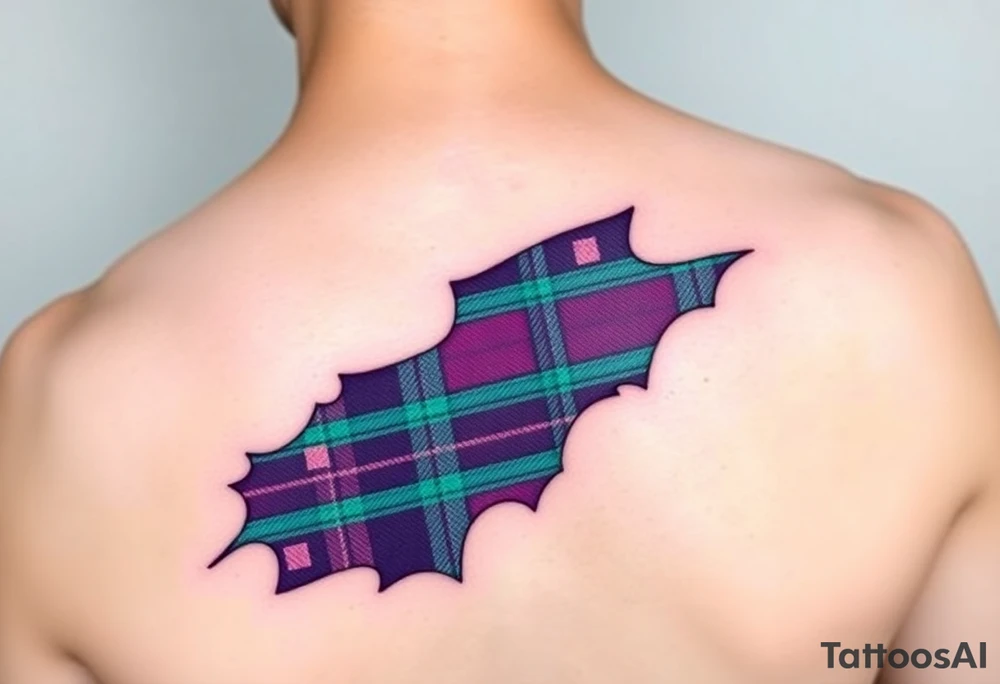 arm Dark Purple with green pink blue and white highlights tartan fabric with flesh peeling away at edges tattoo idea