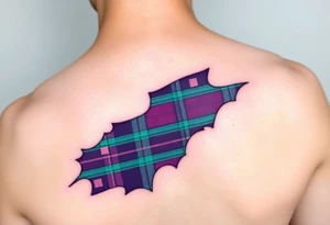 arm Dark Purple with green pink blue and white highlights tartan fabric with flesh peeling away at edges tattoo idea
