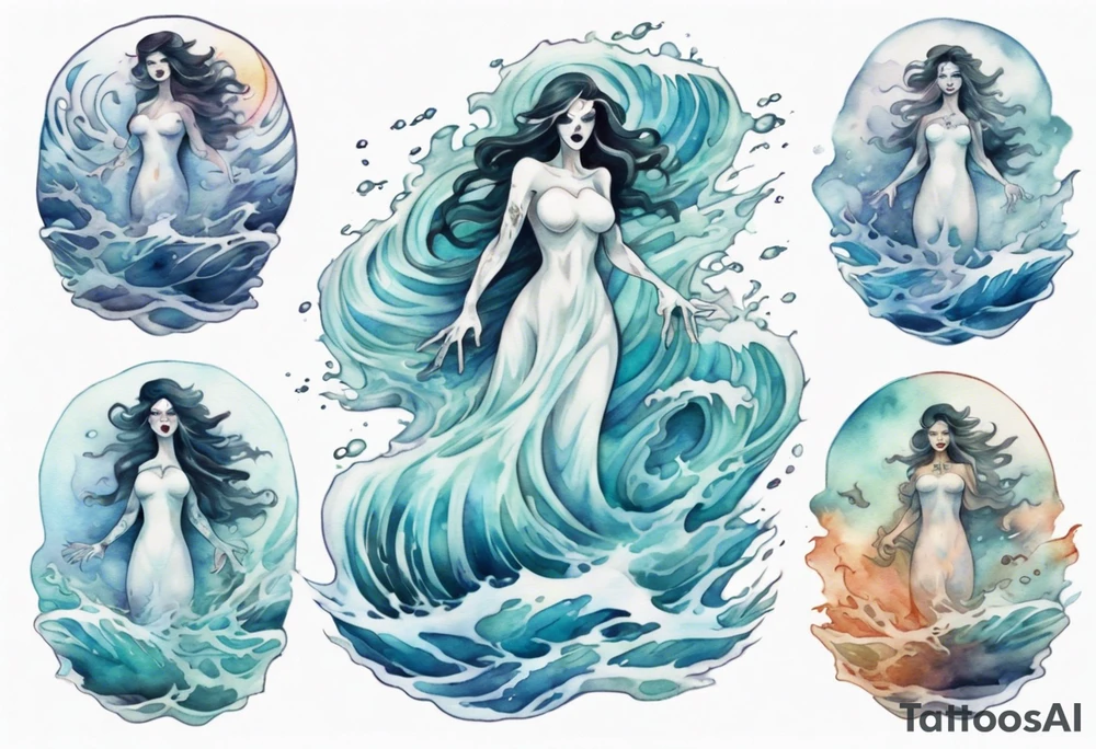 a transparent ghost woman rising from the waves of the sea tattoo idea