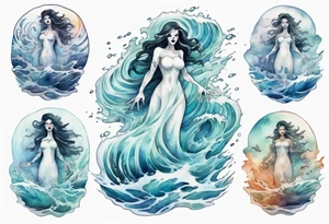 a transparent ghost woman rising from the waves of the sea tattoo idea