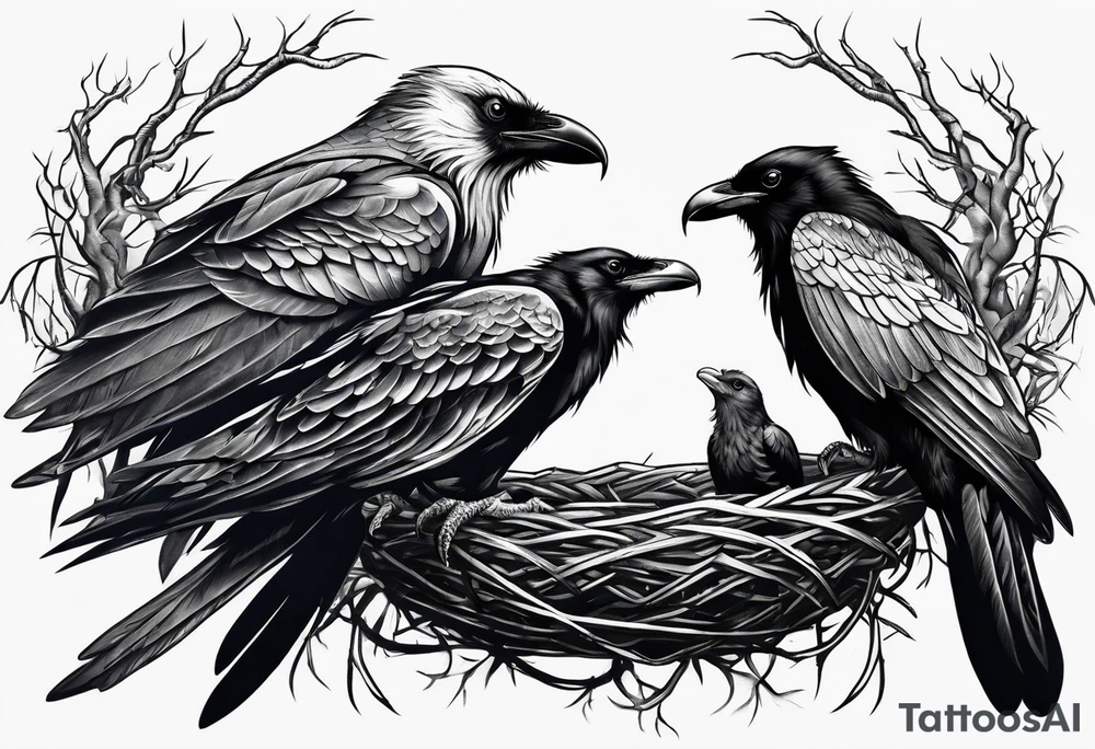 raven and osprey sharing nest tattoo idea