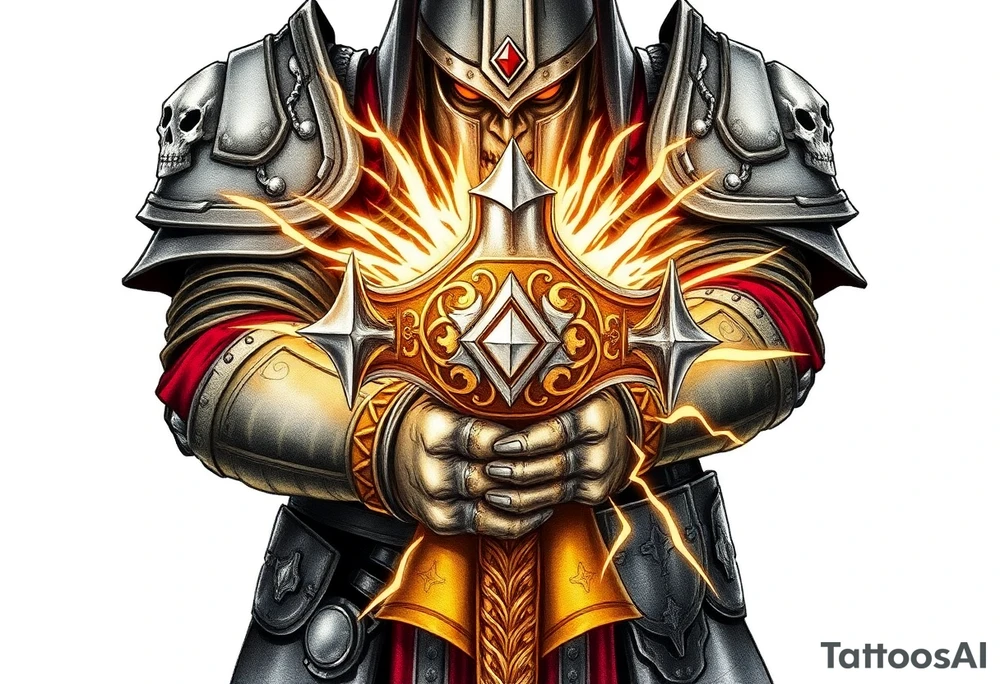 Warhammer, the Old World. A warrior priest of Sigmar holding The Warhammer of Sigmar. The Warhammer of Sigmar is radiating thunderous energy. The Warhammer is held by the warrior priest with both gripping hands at the shaft, upon his chest level. The Warrior priest is wearing dark alloyed heavy armour (reference armor from warhammer vermintide 2 Victor Saltzpyres, the warrior priest of Sigmar class) with skull sigils on his shoulder pads. The warrior priest is wearing a helmet, while the helmets front visor has an humanoid metal face covering. The helmet and armour are gladened with hints of gold and crimson red. The Warhammer is silverish and golden with a long shaft with twisted carvings. tattoo idea