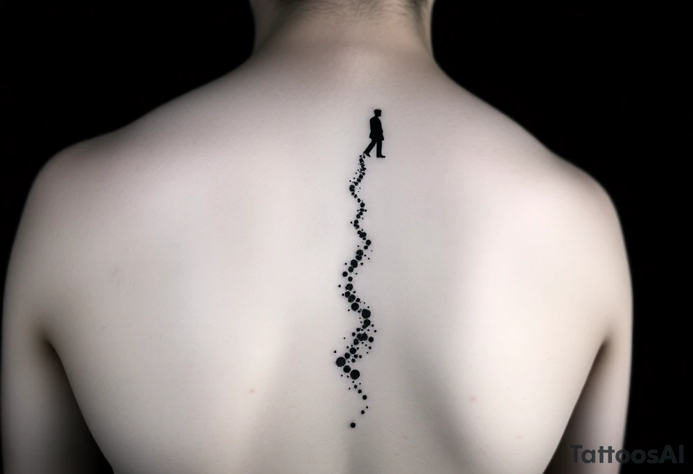 Black-ink minimalistic forearm tattoo symbolizing father watching over son and continuation of his legacy. Central design: fragmented path at bottom becoming solid as it rises. Along the path, particle-like dots flow upward, symbolizing father’s energy cheering the son on. At top, faint abstract father figure made of lines and particles, integrated into composition. Include Roman numerals VI·IV·MMXXIII and optional phrase “Building what he couldn’t”. Fine-line minimal style, vertical forearm layout, clean, emotionally powerful, black ink only tattoo idea