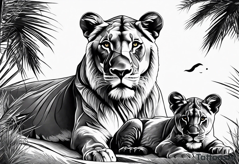 lioness and cub sun palm tree tattoo idea