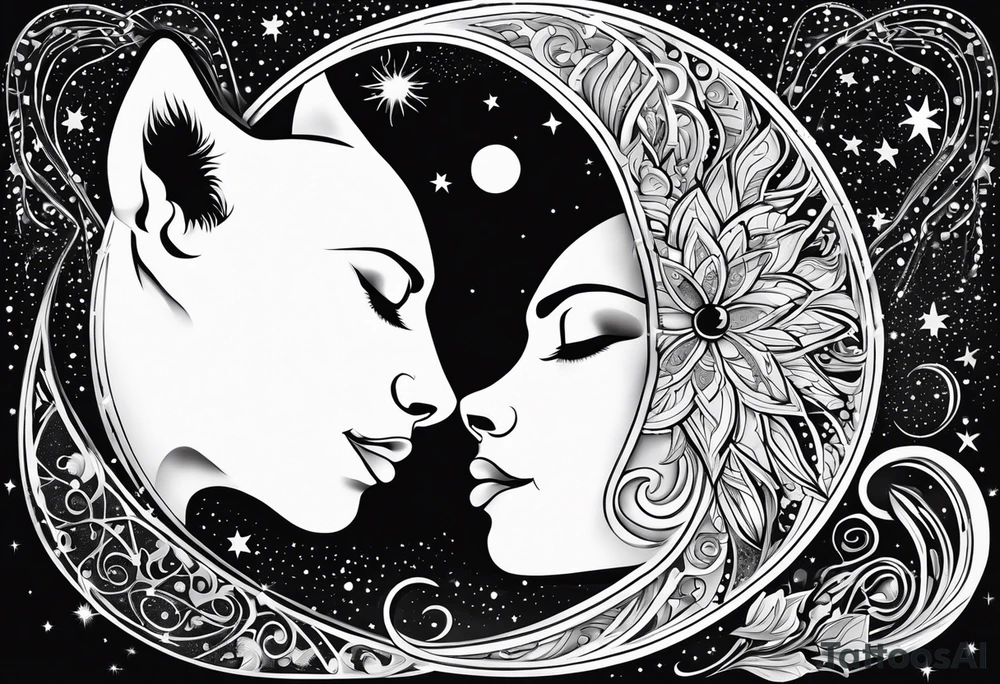 Sun and moon face romantic kiss or hug
With a pawprint pathway going to 2 cat and pitbull dog face surrounded with intergalactic Stars and infinite love bond tattoo idea