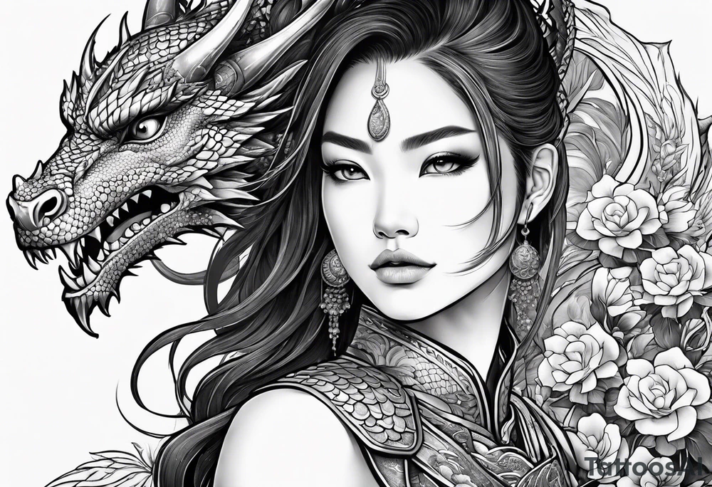 beautiful warrior woman wearing dragon armor and a floral background and a dragon tattoo idea