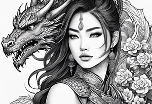 beautiful warrior woman wearing dragon armor and a floral background and a dragon tattoo idea