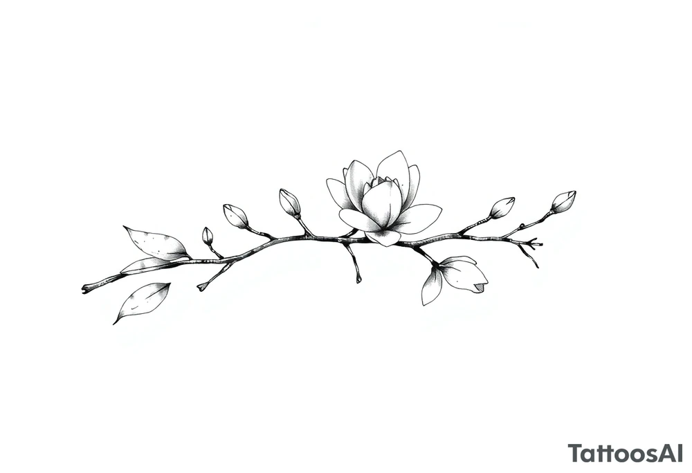 Magnolia branch long with different small almost closed flowers, with botanical details and dots tattoo idea