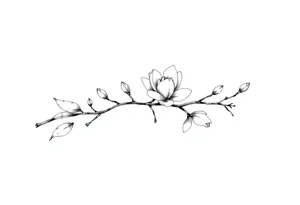 Magnolia branch long with different small almost closed flowers, with botanical details and dots tattoo idea