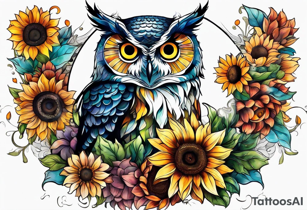 Arm sleeve with colorful sunflowers and an owl tattoo idea