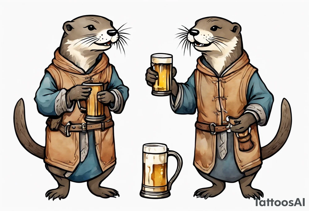 a medieval otter-human wearing a tunic and drinking from a pewter mug of beer in a tavern, laughing tattoo idea