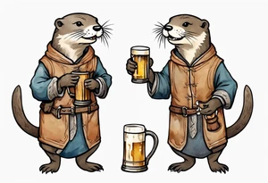 a medieval otter-human wearing a tunic and drinking from a pewter mug of beer in a tavern, laughing tattoo idea