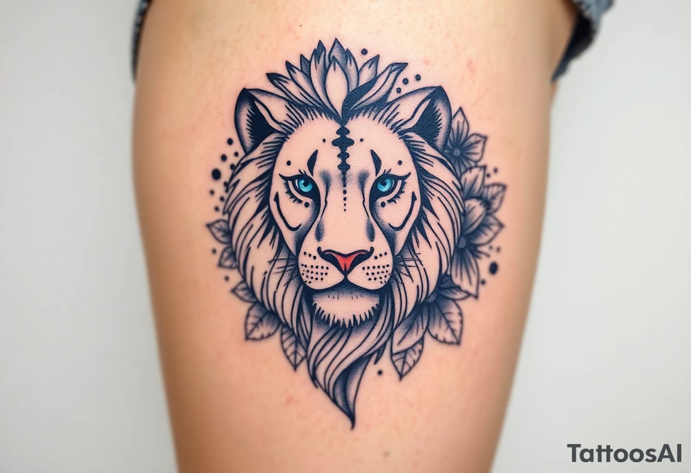 Lion with blue eyes surrounded by larkspur and water lily tattoo idea