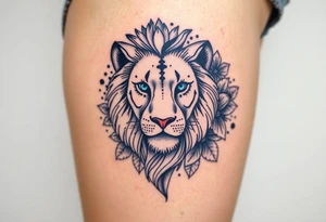 Lion with blue eyes surrounded by larkspur and water lily tattoo idea