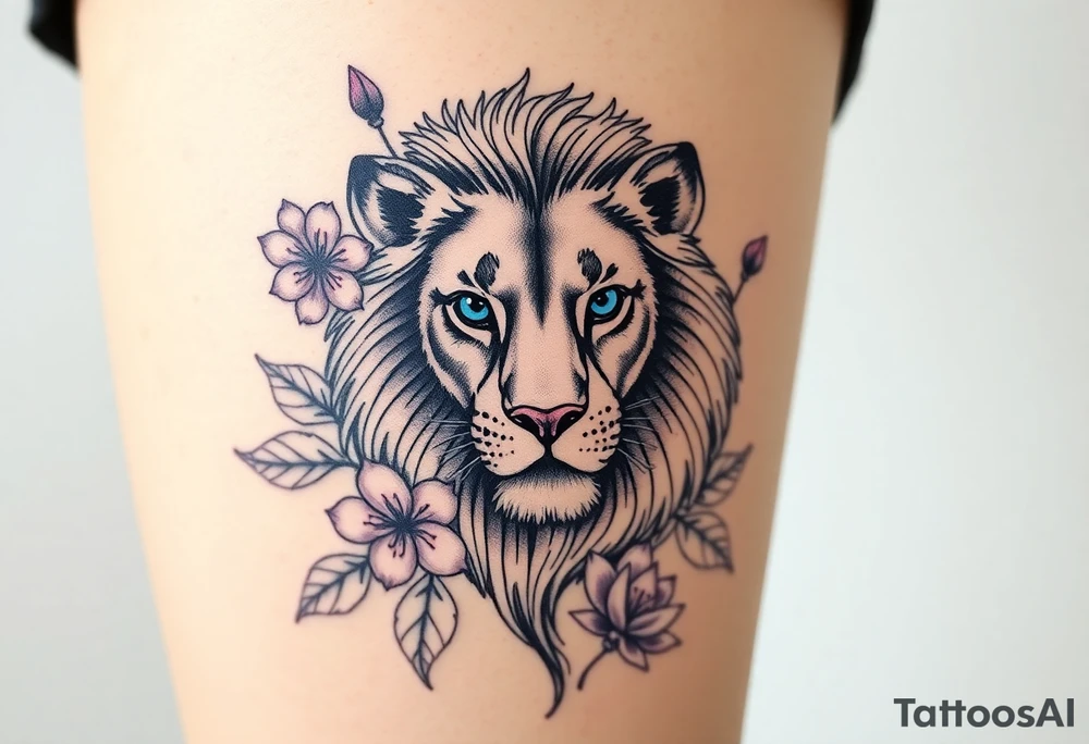 Lion with blue eyes surrounded by larkspur and water lily tattoo idea