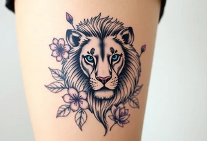 Lion with blue eyes surrounded by larkspur and water lily tattoo idea