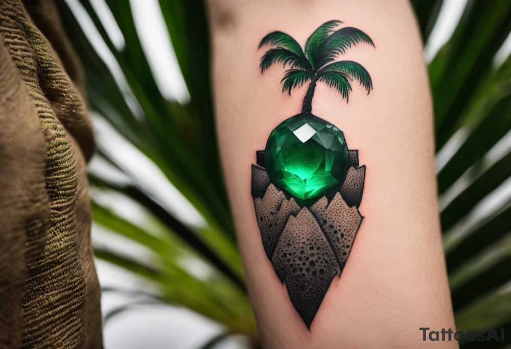 Tattoo: A striking Gachala emerald sits at the base of a tall quindio wax palm, which grows resiliently from cracks in rugged, rocky soil. The emerald is the main focal point, symbolizing strength and endurance, while the wax palm, rooted in the soil’s crevices, represents growth and resilience. A small water stream flows gently from the rocks, adding an element of life and nourishment tattoo idea