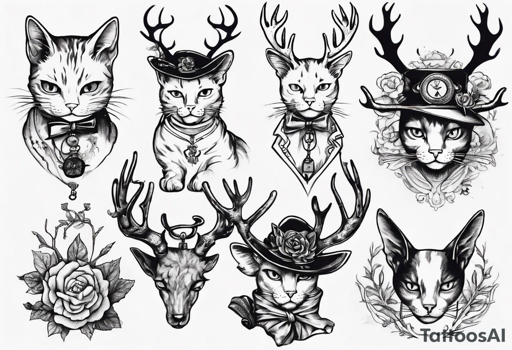 A cat with antlers and wearing a monocle tattoo idea