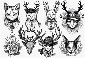 A cat with antlers and wearing a monocle tattoo idea