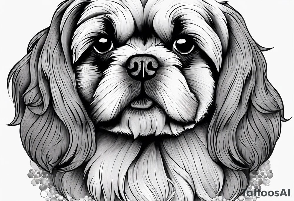 Design a small outline tattoo of a Shih Tzu with long hair flowing, capturing its adorable and regal presence. tattoo idea