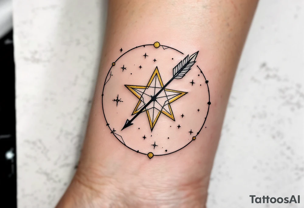 A Sagittarius arrow piercing through a golden star, with the star constellation traced in thin white lines around it. tattoo idea